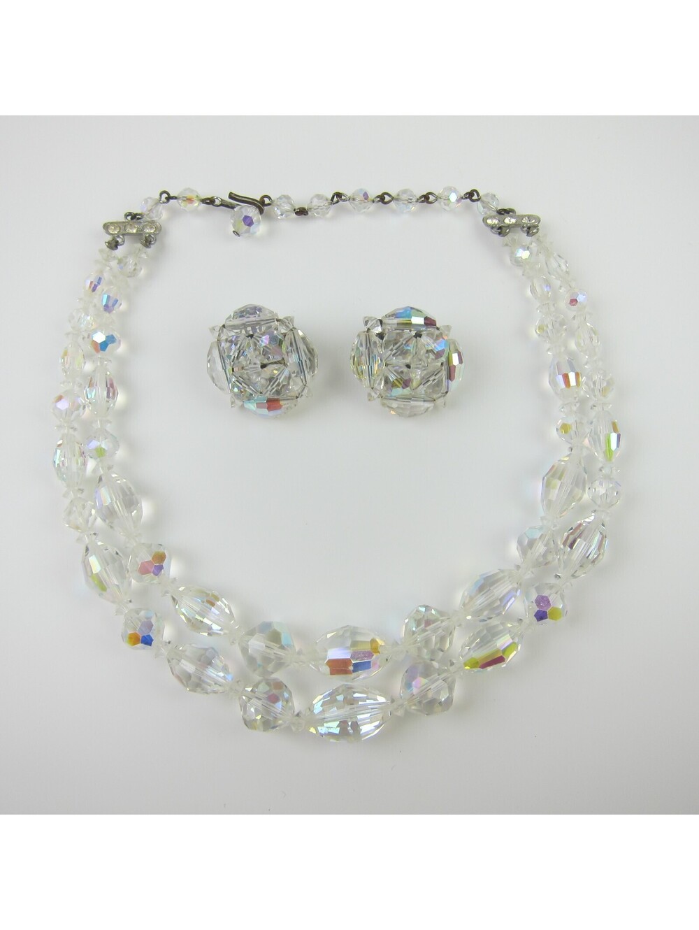 Vintage Aurora Borealis Crystal Bead Double Strand Necklace Clip On Earrings Set